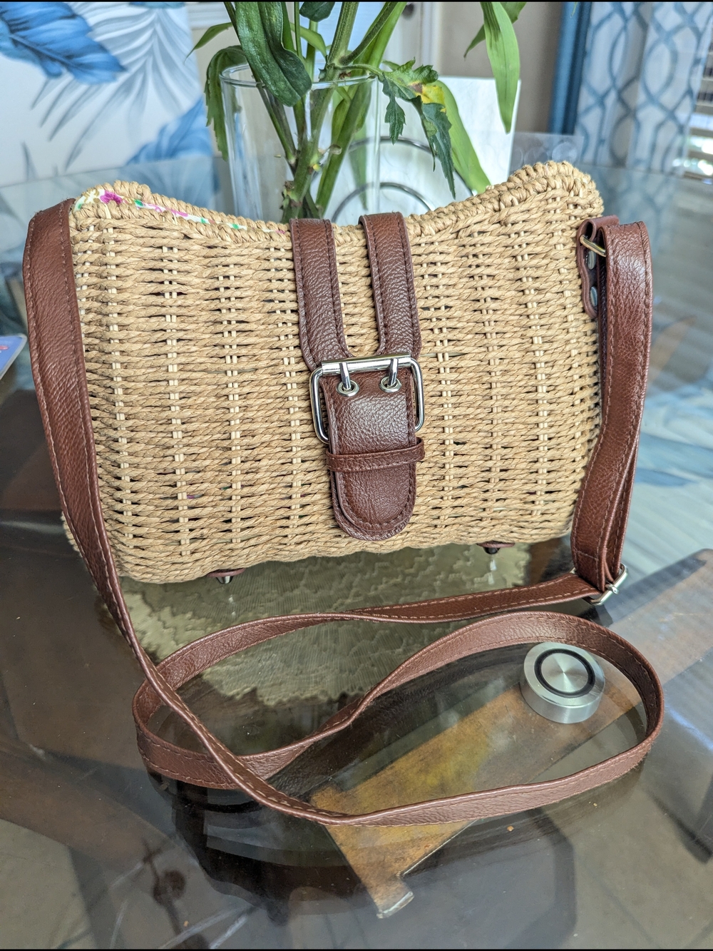 Woven Straw Crossbody Bag with Brown Leather Trim